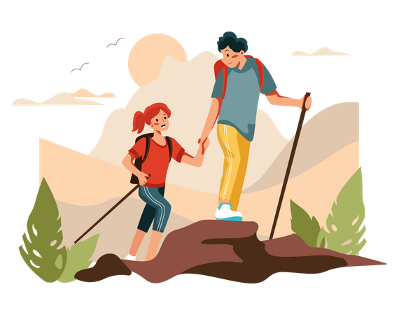 Couple hiking on mountain  Illustration