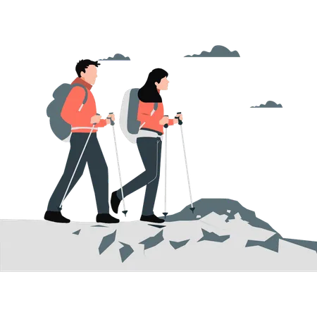 Couple hiking on mountains  Illustration