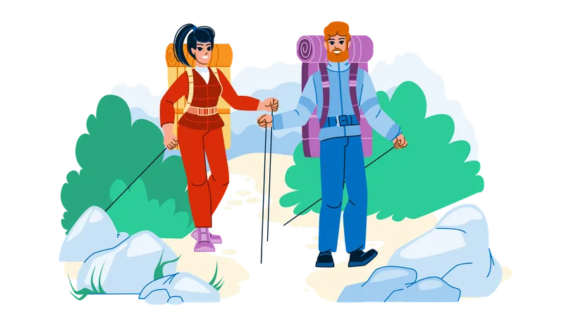Couple Hiking Vector Nature Woman Happy Adventure Man Together Backpack Active Male Leisure Walking Hike Travel Couple Hiking Character People Flat Cartoon Illustration Illustration