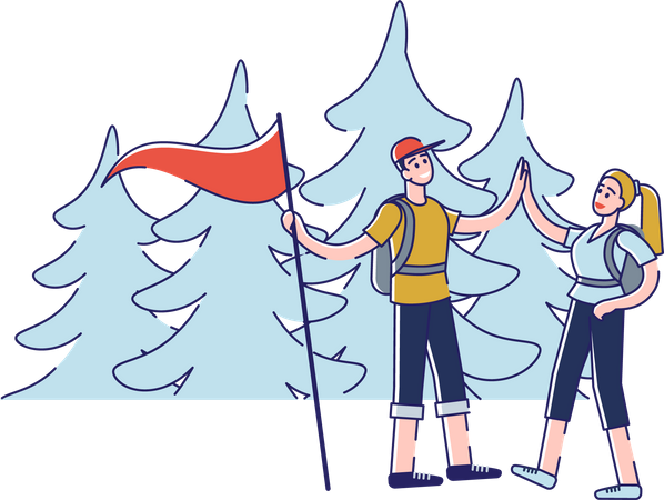 Couple hiking together holding success flag Illustration