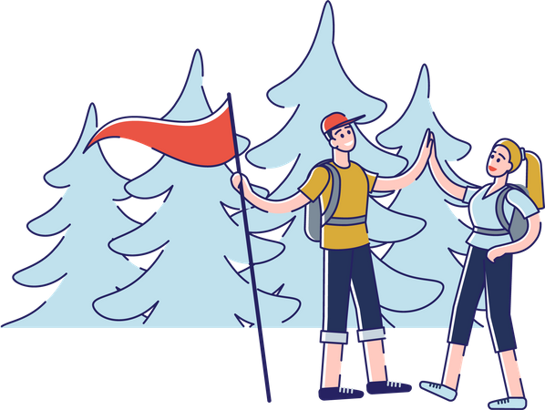 Couple hiking together holding success flag  Illustration