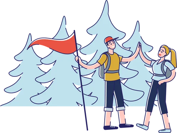 Couple hiking together holding success flag  Illustration