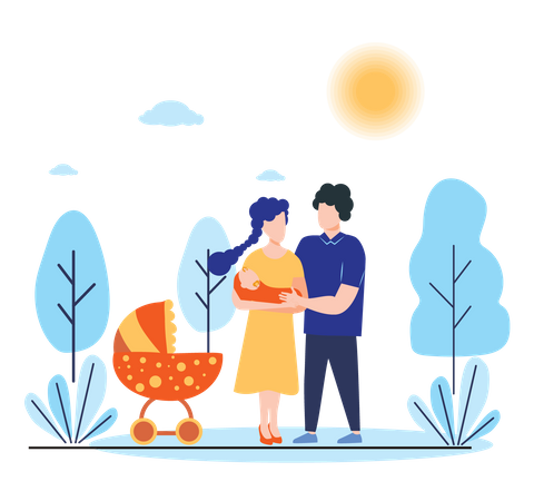 Couple holding baby in arms while walking in park Illustration