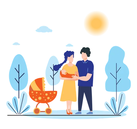 Couple holding baby in arms while walking in park Illustration