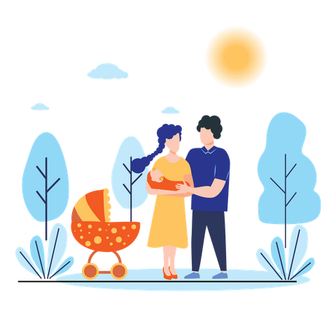 Couple holding baby in arms while walking in park  Illustration