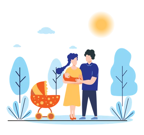 Couple holding baby in arms while walking in park  Illustration