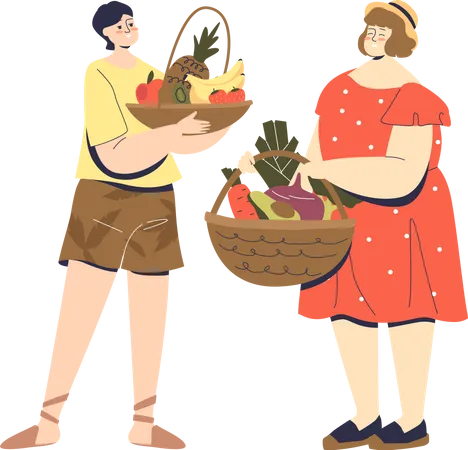 Cartoon Couple Holding Baskets Of Fresh Organic Fruits And Vegetables Vegan Or Vegetarian Man And Woman Characters For Nutrition Concept Flat Vector Illustration 일러스트레이션