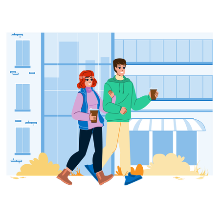 Couple holding coffee cup and walking at city street  Illustration