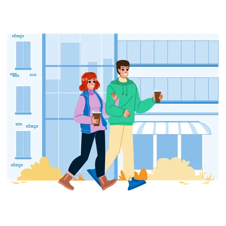Couple holding coffee cup and walking at city street  Illustration