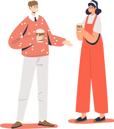 Couple holding coffee disposable cups Illustration