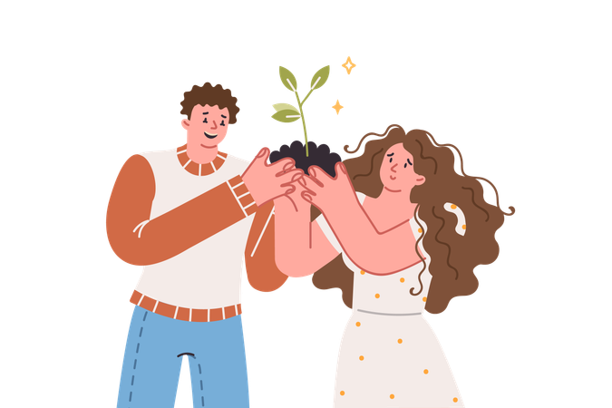 Couple holding handful of soil with plant in hands  Illustration