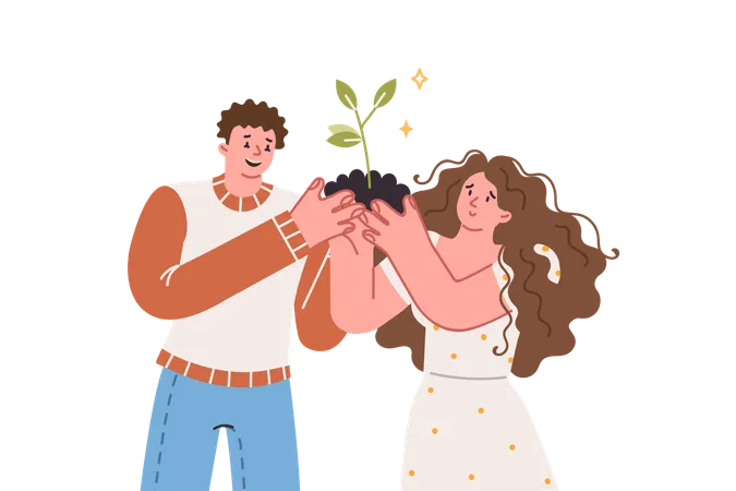 Couple holding handful of soil with plant in hands  Illustration