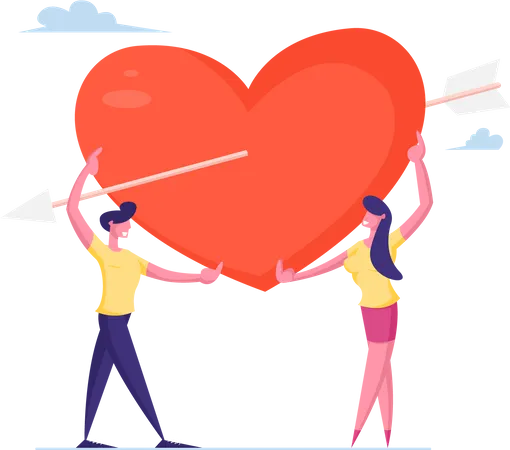 Loving Couple Share Huge Red Heart Pierced With Cupid Arrow Human Relations Love Romantic Dating Male And Female Newlywed Characters Spending Time Together Cartoon Flat Vector Illustration Illustration