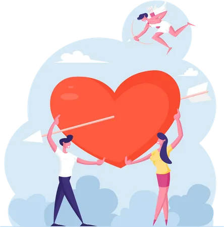 Man And Woman Fall In Love Concept Cheerful Cupid Flying In Sky With Bow Aiming To People Young Male And Female Characters Share Huge Red Heart Pierced With Arrow Cartoon Flat Vector Illustration Illustration