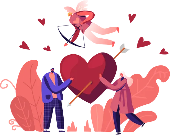 Man And Woman Fall In Love Concept Young Male And Female Characters Share Huge Red Heart Pierced With Arrow Cheerful Cupid Flying In Sky With Bow Aiming To People Cartoon Flat Vector Illustration Illustration