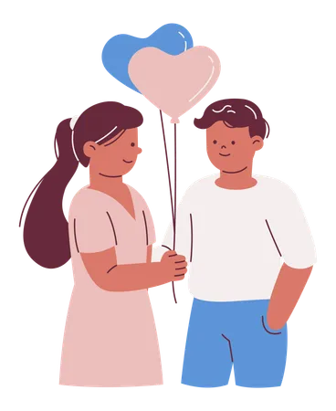 Couple Holding Heart Balloons  Illustration