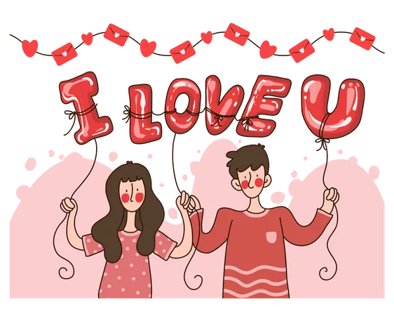 Valentines Day Card Couple Hodign I Love You Balloon Blooming In There Hands Cute Greeting For The Celebration Of Love And Romance Illustration