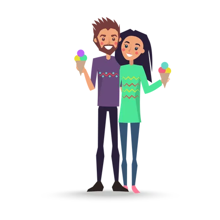 Portrait Of Lovely Young Couples On White Background Vector Illustration Smiling Girls And Boys Holds Ice Cream Makes Selfie Admire Each Other Illustration