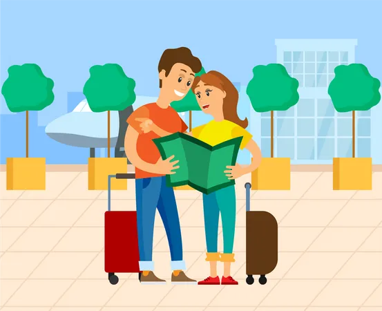 Couple holding map and find direction at airport Illustration