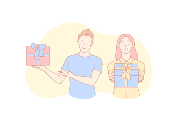Birthday Congratulation Holiday Tradition Christmas Celebration Concept Cheerful Young Man And Woman Holding Presents For Special Occasion Friends With Festive Gift Boxes Simple Flat Vector Illustration