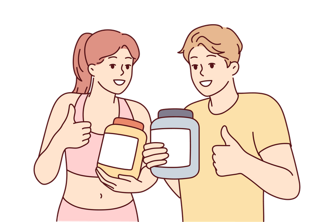 Couple holding protein power and showing thumbs up  Illustration