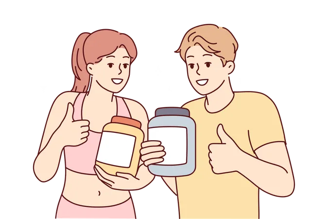 Couple tenant le pouvoir des protéines et montrant les pouces vers le haut  Illustration