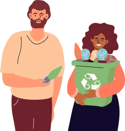 Couple holding recycle bin Illustration