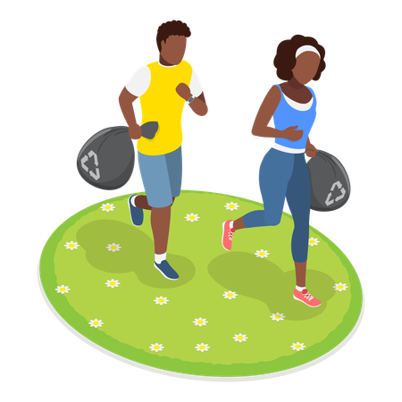 Couple holding recycle garbage bag while walking  Illustration