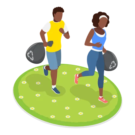 Couple holding recycle garbage bag while walking  Illustration