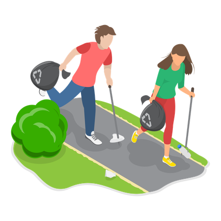 Couple holding recycle garbage bag while walking  Illustration