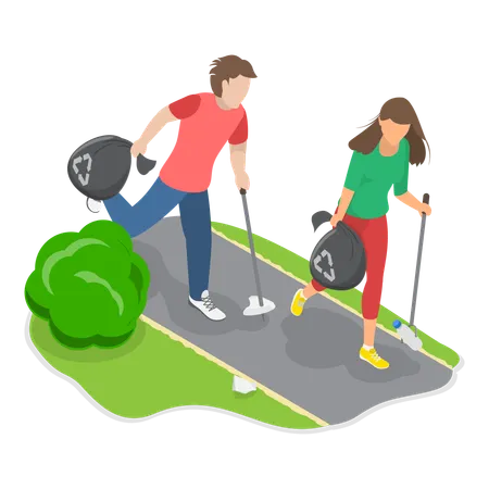 Couple holding recycle garbage bag while walking  Illustration