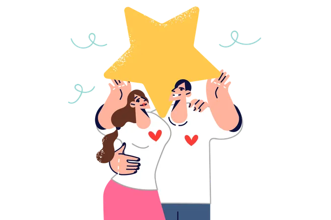 Family Idyll For Man And Woman Feeling Mutual Love And Holding Star In Hands Romantic Couple Who Received Award For Success In Family Life Celebrates Wedding Anniversary Or Start Of Relationship Illustration