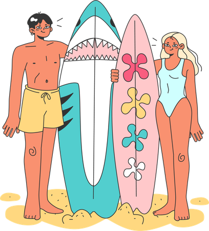 Couple holding surfboard  Illustration