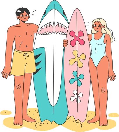 Couple holding surfboard  イラスト