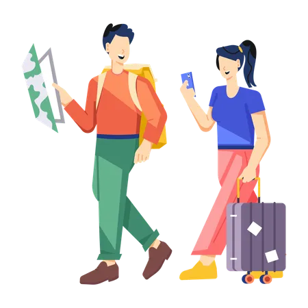 Couple holding trip map  Illustration