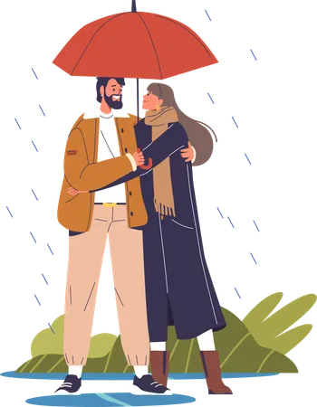 Two Hearts Intertwine Beneath A Shared Umbrella In A Gentle Downpour Whispers Of Affection Drowned By Raindrops Love A Shelter In Their Embrace As The World Fades Away Cartoon Vector Illustration Illustration