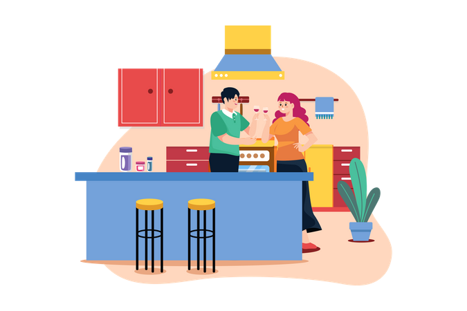 Couple holding wineglasses in hands stand at kitchen desk with fruits  Illustration
