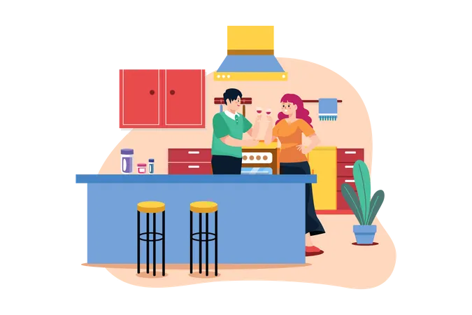 Couple holding wineglasses in hands stand at kitchen desk with fruits  Illustration