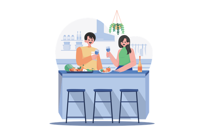 Couple Holding Wineglasses In Hands Stand At Kitchen Desk With Fruits  Illustration