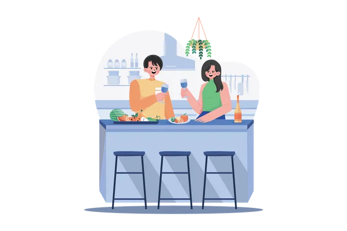 Couple Holding Wineglasses In Hands Stand At Kitchen Desk With Fruits  Illustration
