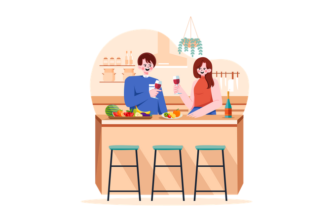 Couple Holding Wineglasses In Hands Stand At Kitchen Desk With Fruits  Illustration