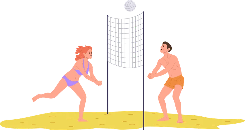 Couple homme et femme jouant au beach-volley en compétition  Illustration