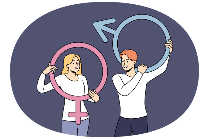 Un couple d'homme et de femme tenant des badges de genre  Illustration