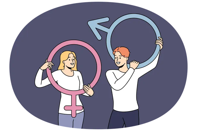 Un couple d'homme et de femme tenant des badges de genre  Illustration