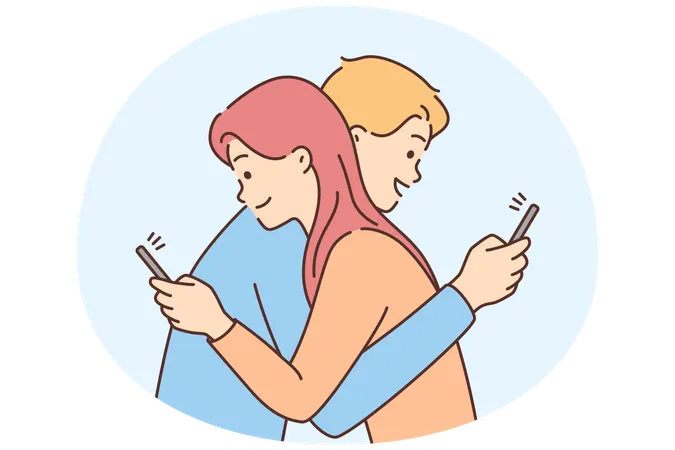 Couple hug using cellphone Illustration