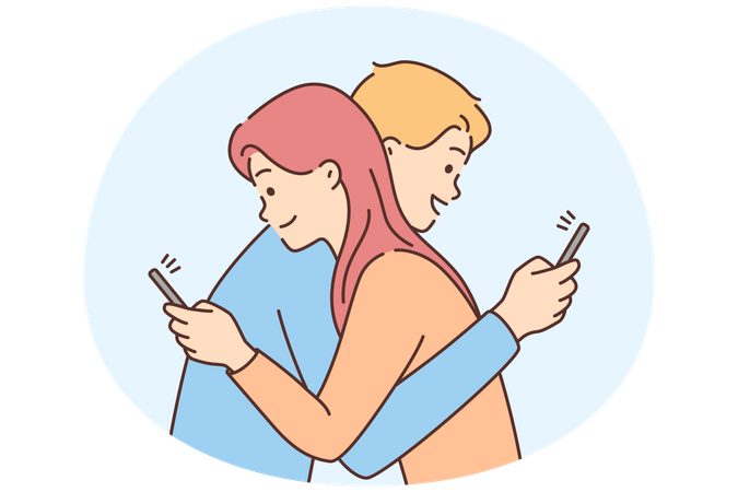 Couple hug using cellphone  Illustration