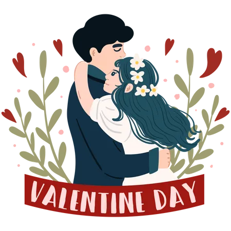 Valentines Day Card Vector Illustration Happy Couple Love Hugs Cartoon Characters Romantic Date Illustration