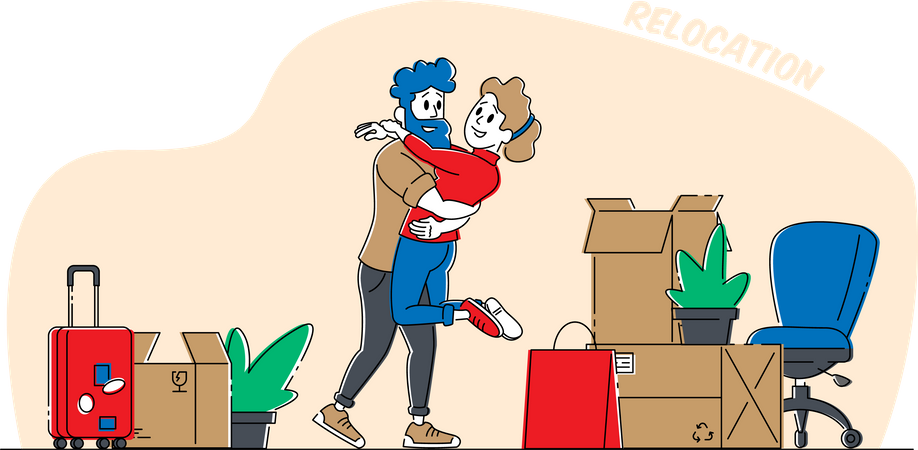 Couple hugging each other after moving to new home  Illustration