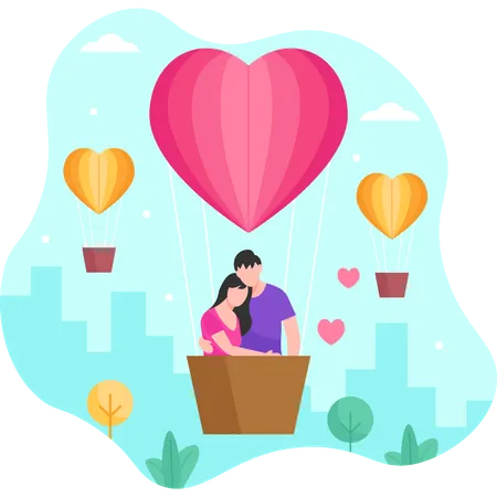 Couple hugging on hot air balloon  Illustration