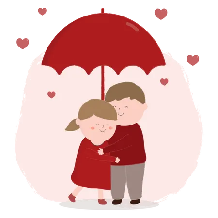 Happy Valentines Day Festival Concept With Tiny Character Loving Couple Holding Umbrella Under Raining Hearts And Love Emotion Flat Vector Illustration イラスト